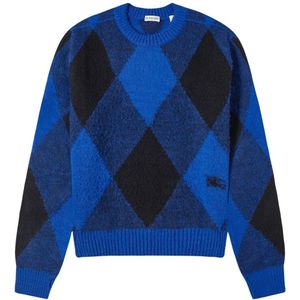 Burberry - Gebreide Trui - Blauw - Grote Geruite Ronde Hals