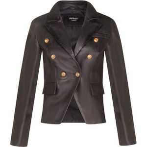 Dames - Leren Militair Blazerjack - Zwart - Luxe Lamsnappaleer