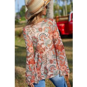Azura Exchange Oranje Bloemenprint Diepe V-Hals Knoop Bell Mouw Blouse