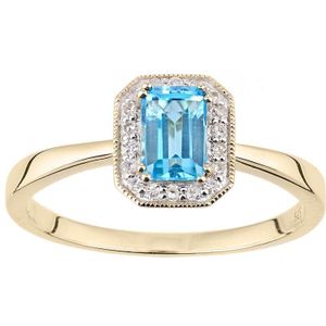 9ct geelgouden diamanten en blauwe topaas edelsteen rechthoekig geslepen ring