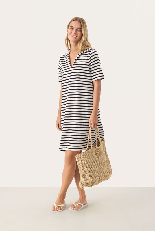 Jersey Jurk - A-shape - Zwart/Wit - Boven de Knie - Korte Mouwen