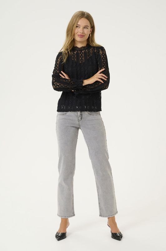 Blouse - Effen - Kant - Lange Mouw - Normale Pasvorm