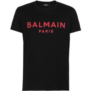 Balmain Paris Red Branded Logo Black T-Shirt