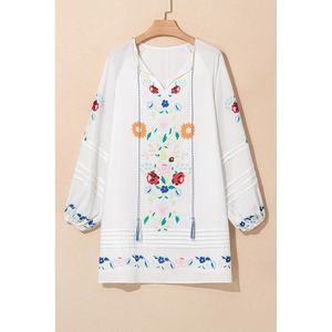 Witte Bloemenprint Boho Franje Strik Split Hals Ingestopte Details Puff Mouw Mini Jurk