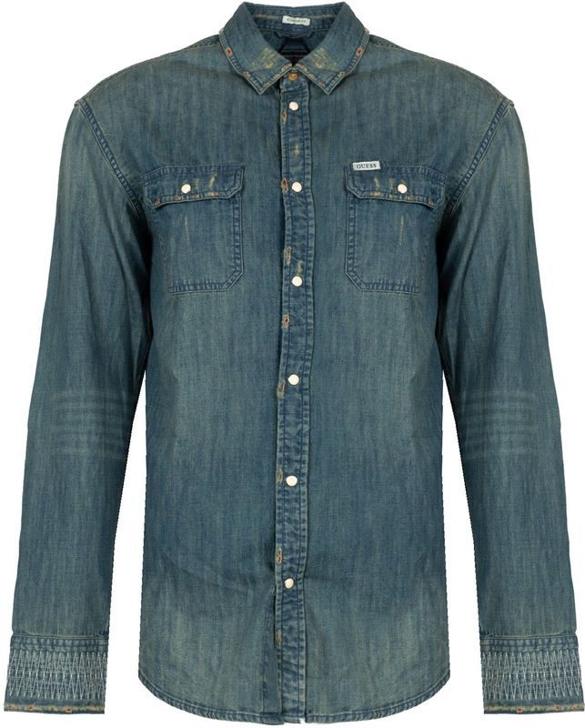 Guess - Faded Denim Shirt - Blauw - Katoen - Drukknoopsluitingen - Twee Voorzakken