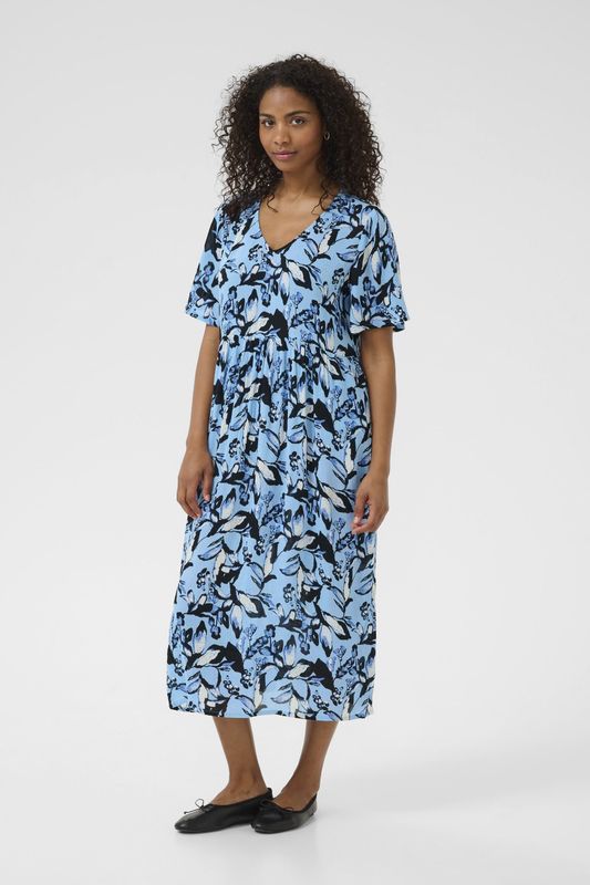 Kaffe - Blauwe Grafische Bloem Jurk - Veelkleurig - Dames