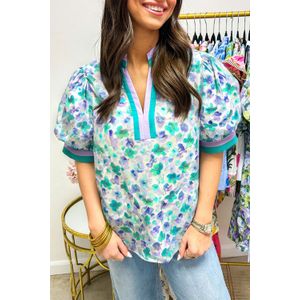 Bloemenpuffmouw V-hals Top