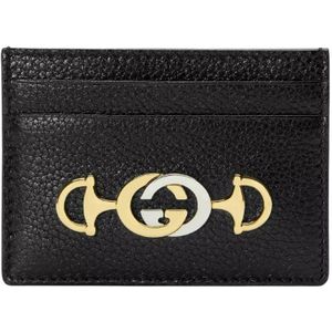 Gucci Dames Zumi Black Leather Card Holder Wallet Metal GG Logo 570679 1000