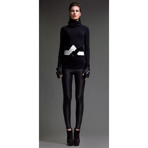 Tops - Stretch Jersey - Lange Mouwen - Polohals - Kunstlederen Detail