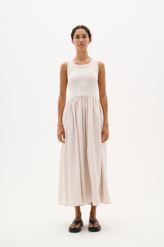 Jurk - Ecru - Slim Fit - Mouwloos - Hoge Taille - Enkel Lengte