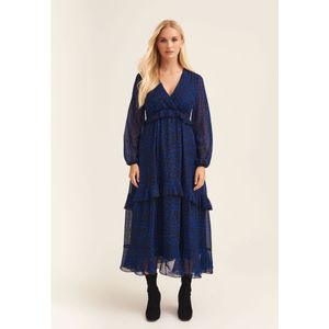 Marineblauwe vermoeide maxi-jurk met dierenprint en ruches