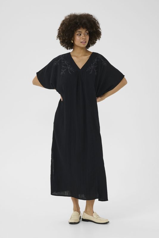 CULTURE - Jurk - Zwart/Wit - 7/8 Lengte - Wijde Pasvorm - V-hals - Bloemenprint