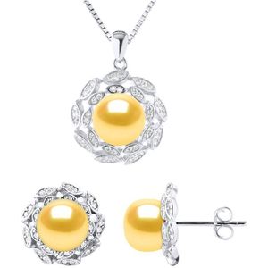 Versiering ketting en oorbellen FLOWER Zoet Water Beads Golden 9-10 mm 925