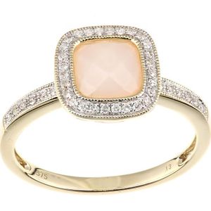 9ct geelgouden diamanten en roze opaal vierkant geslepen edelsteenring