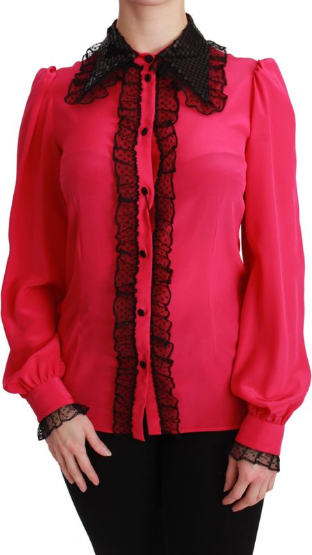 Dolce & Gabbana Roze Zijde Zwarte Pailletten Kanten Blouse