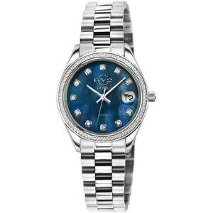GV2 Turijn-diamant voor dames, blauwe MOP-wijzerplaat, roestvrij stalen horloge