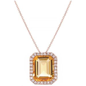 9ct roségouden ketting met diamanten en citrien rechthoekig geslepen hanger