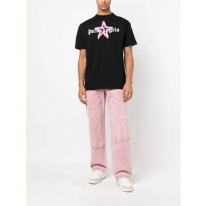 Palm Angels Pink Star Sprayed Logo-print T-shirt Zwart