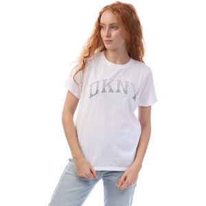 DKNY - Arched Varsity Rhinestone Logo - T-shirt - Wit Zilver
