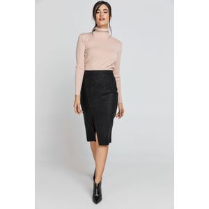 Kokerrok - Zwart - Met Tailleband - Gevoerd - Split aan de Voorkant