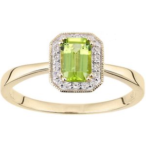 9ct geelgouden diamanten en peridot edelsteen rechthoekig geslepen ring