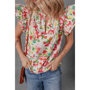 Bloemige Rimpel Korte Mouw Blouse