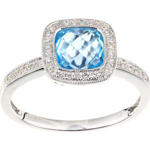 9ct witgouden diamanten en blauwe topaas vierkant geslepen edelsteenring