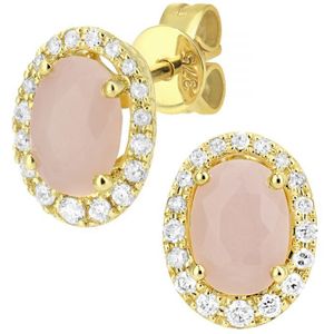 9ct geelgouden diamanten en roze opaal edelsteen ovaal geslepen oorknopjes