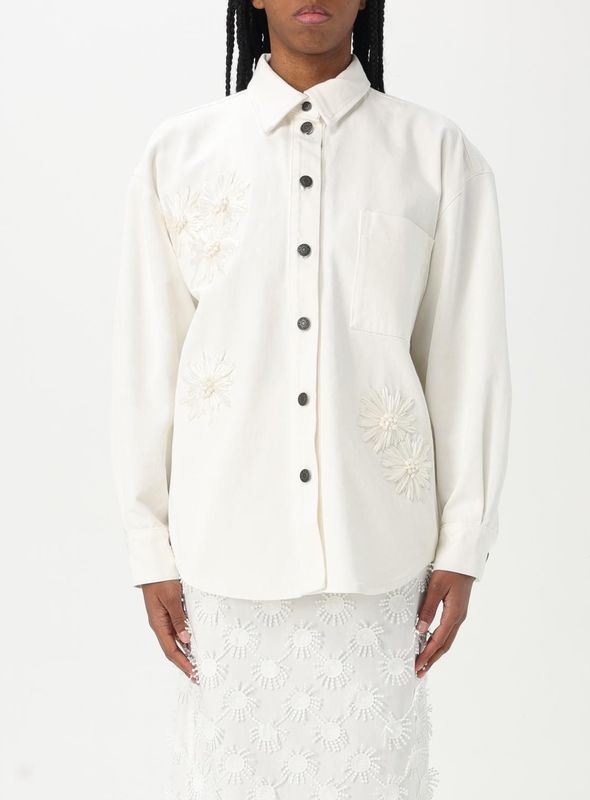Embroidered Cotton Denim Shirt - Wit - Longsleeve