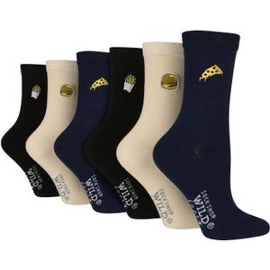 Wildfeet - 6 Paar Dames Crew Sokken | Crew Katoenen Geborduurde Sokken - Fast Food