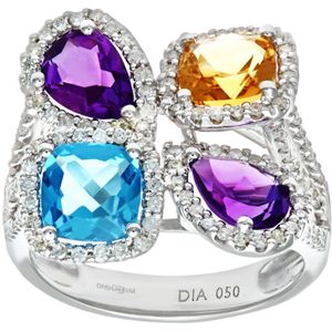 9ct witgouden ring met meerdere edelstenen en diamanten bloemen