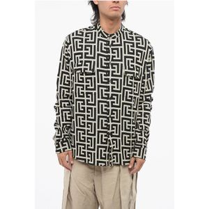 Mandarijnkraag jersey overhemd met all-over monogram in zwart, grijs