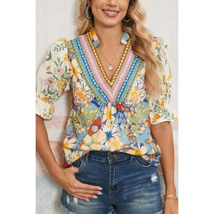 Bloemenprint Blouse Korte Mouw Geborduurd