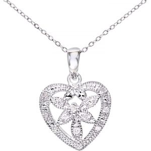 Dames 9ct witgouden diamanten bloem hart hanger + 18"" trace ketting