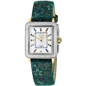 GV2 Dames Padova Zwitserse quartz diamanten witte wijzerplaat, groene bloemen lederen horloge