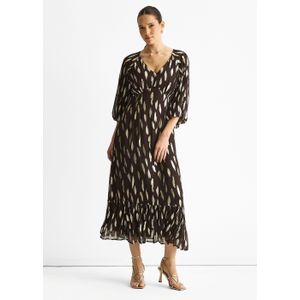 Chocoladebruine viscose maxi-jurk met geknipte ballonmouwen