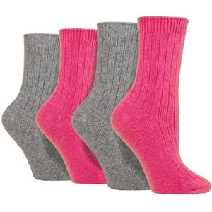 Wildfeet - 4 Paar Dames Cashmere Boot Sokken | Ribgebreide Wollen Bed Sokken - Roze / grijs