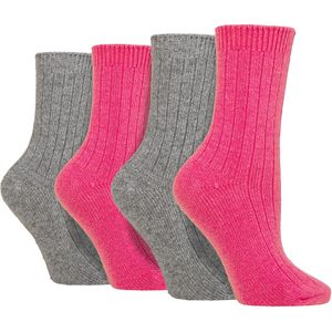 Wildfeet - 4 Paar Dames Cashmere Boot Sokken | Ribgebreide Wollen Bed Sokken - Roze / grijs