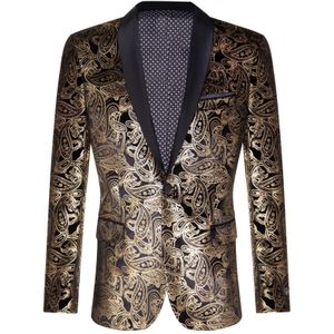 Heren - Fluwelen Blazer - Goud Paisley - Zwart - Smoking Dinerjas