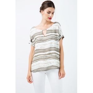 Conquista Fashion - Gestreepte Top - Korte Mouwen - Sleutelgatdetail