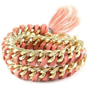 Ettika - Geelgoudkleurige armband met roze leren linten en kristallen