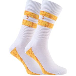 Farah - 2 Paar Heren Katoenen Geribbelde Witte Sportsokken met Rode, Blauwe en Gele Strepen - FVS006WHGD