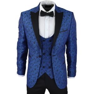 Heren - Smoking Blazer - Blauw - Brokaat - Zwart Satijn - Dinerjack