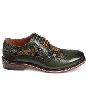 Justin Reess Heren Groene Leren Bloemenprint Brogue Dress Schoenen - Ross