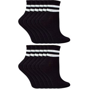 12 Paar Multiverpakking Enkelsokken Met Strepen | Sock Snob | Dames Witte Laag Uitgesneden Sokken | Katoenen Modieuze Sokken Voor Dames - Zwart - Maat 37 - 42