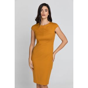 Aansluitende Mosterdgele Jurk met Kapmouwtjes.