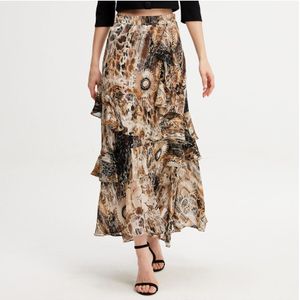 Lange Chiffon Rok Met Ruches Bloemenprint - Maat S