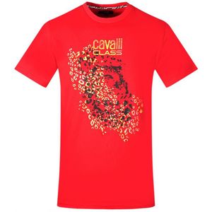 Cavalli Class Leopard Print Silhouette Red T-Shirt - Maat L