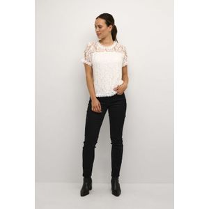Cream - Kanten Top - Korte Mouwen - Ronde Hals - Wit - Kant