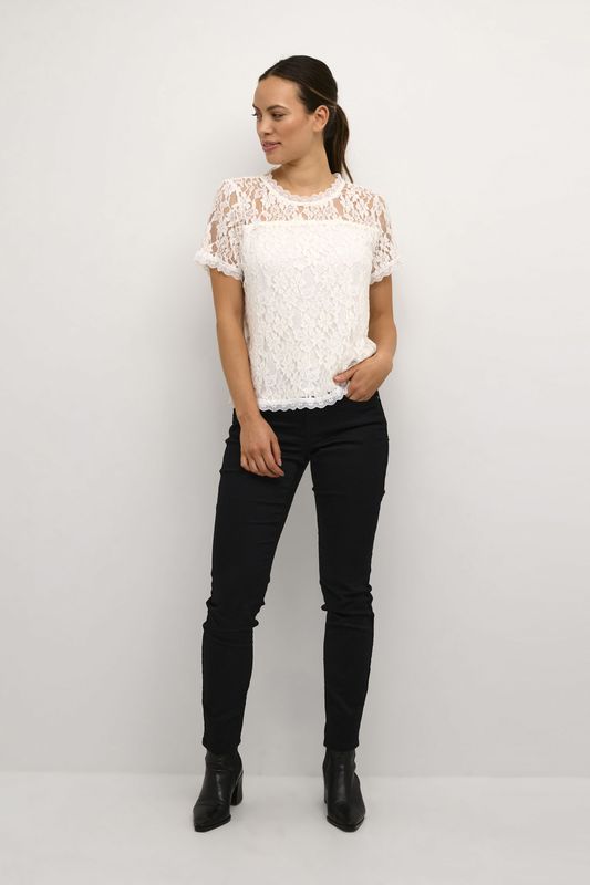Cream - Kanten Top - Korte Mouwen - Ronde Hals - Wit - Kant